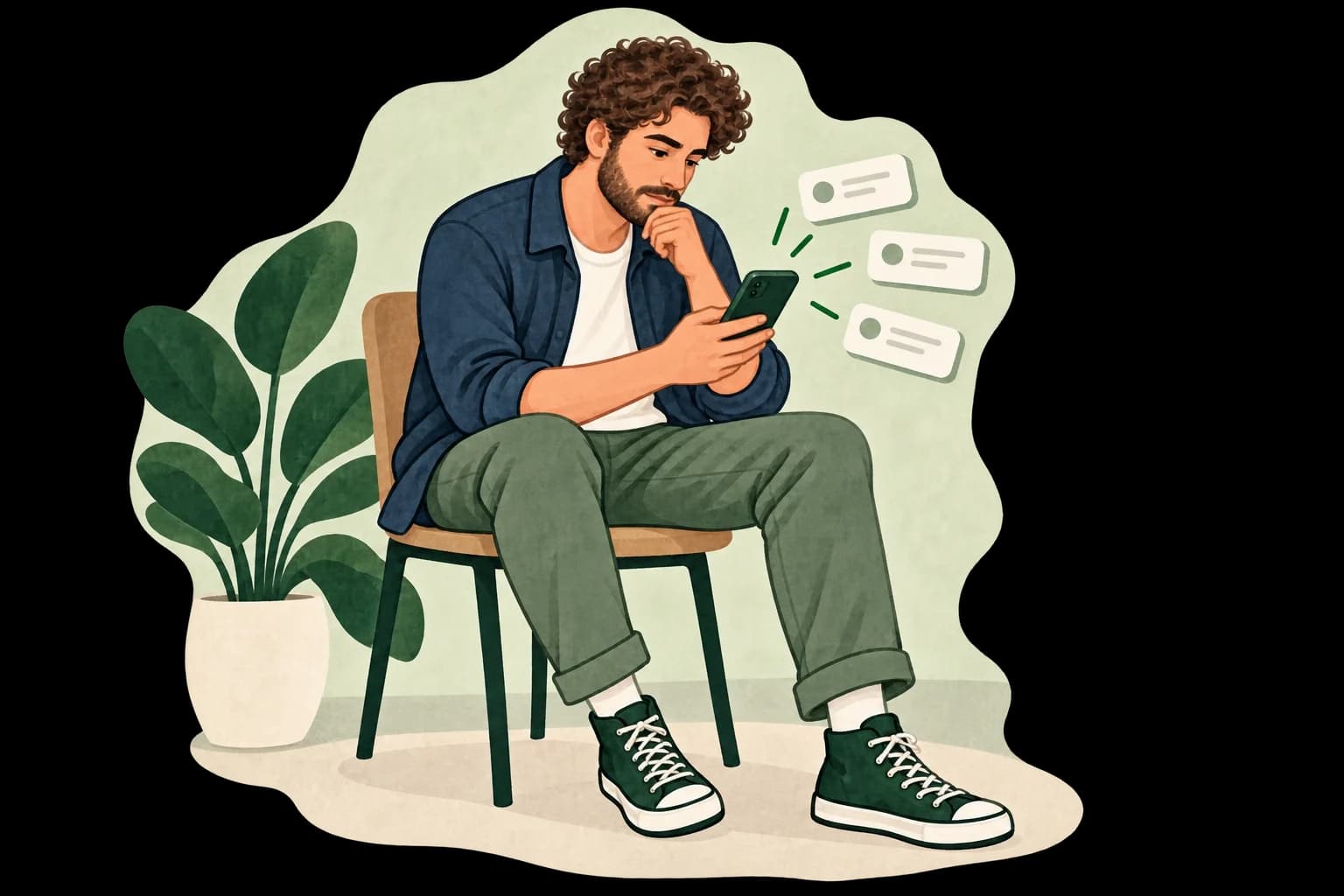 A person looking at a phone while notifications gather around them.