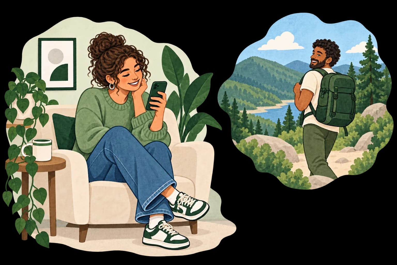 A person on a sofa scrolling past a friend's photo of a hike.