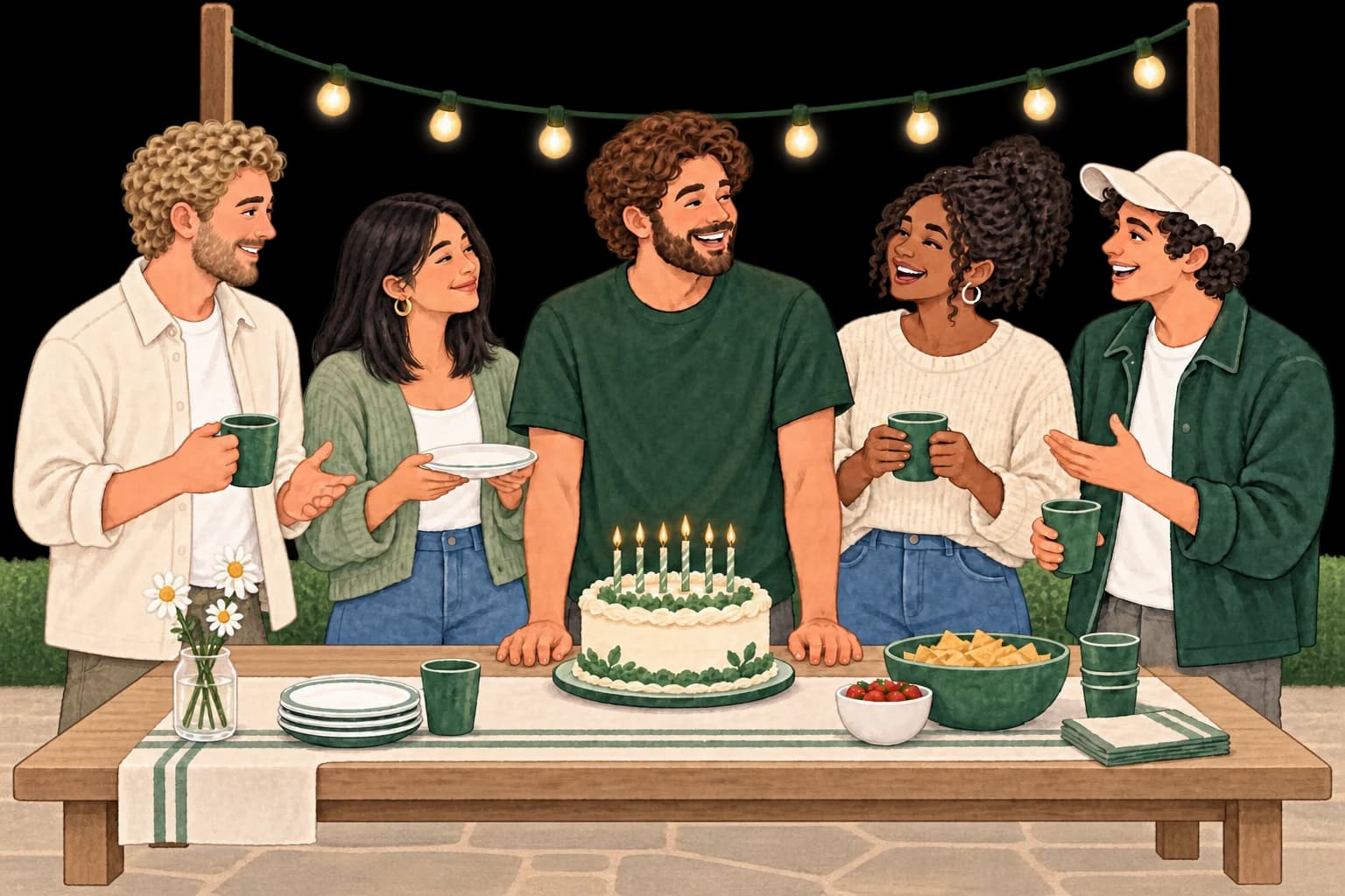 Five friends around a birthday cake at an outdoor table under string lights.