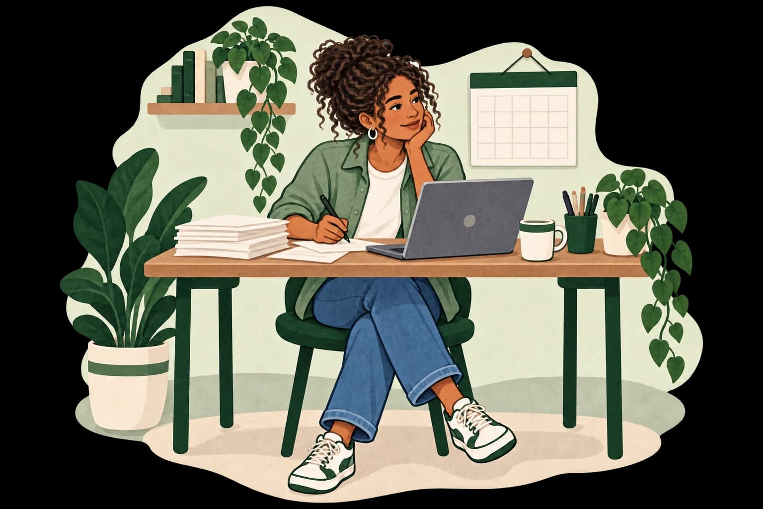 A person at a desk writing notes beside a laptop and a stack of papers, with a calendar on the wall.
