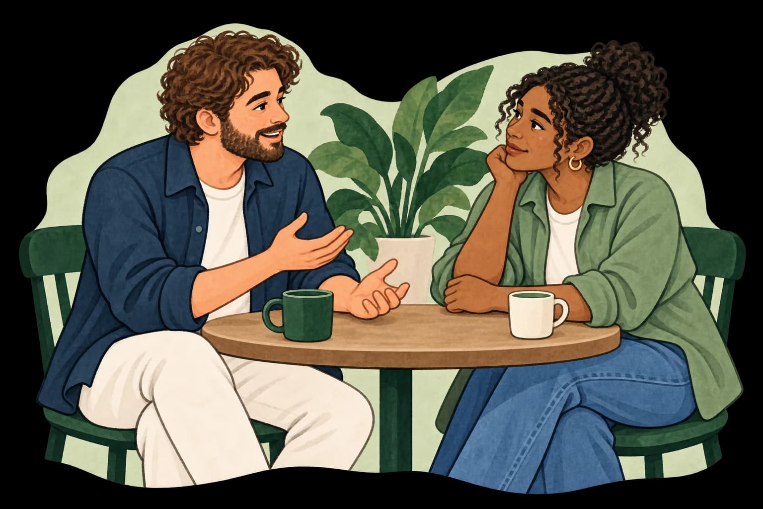 Two friends talking things through across a small table.