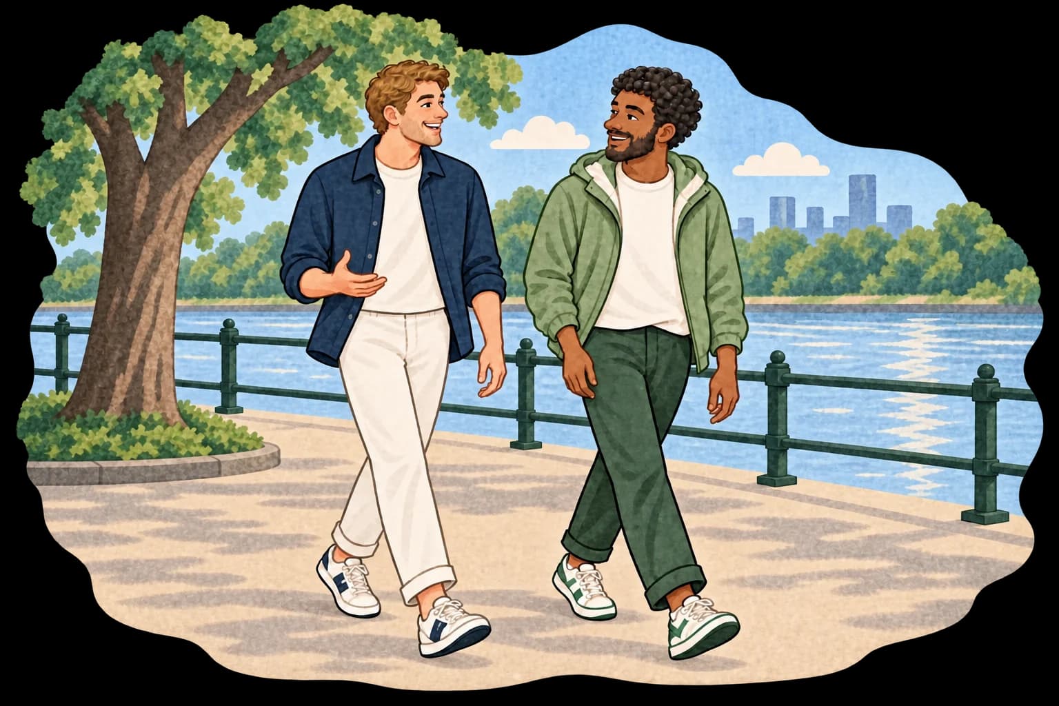 Two friends talking as they walk along a riverside path.