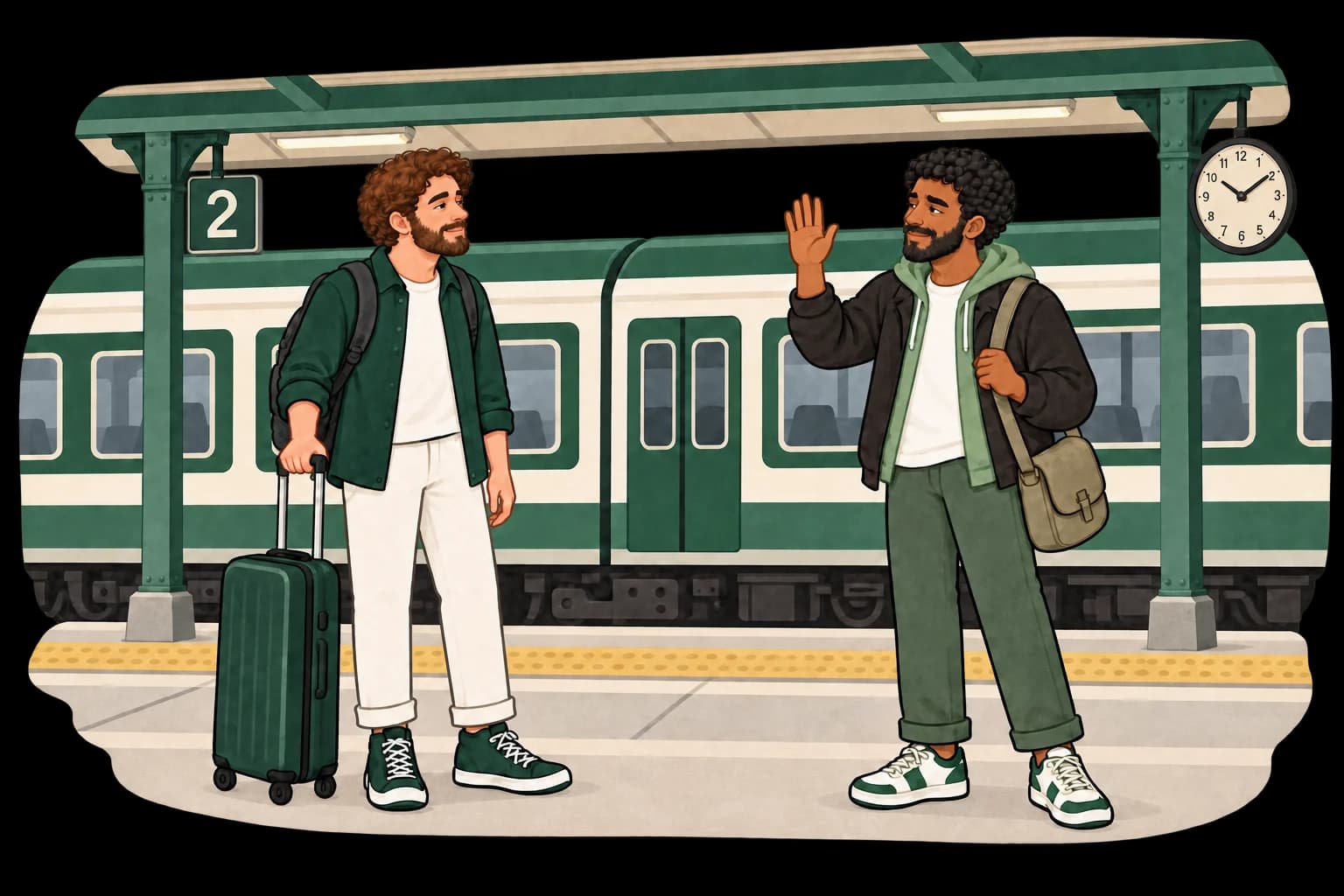 Two friends saying goodbye on a station platform, one with a suitcase, beside a waiting train.