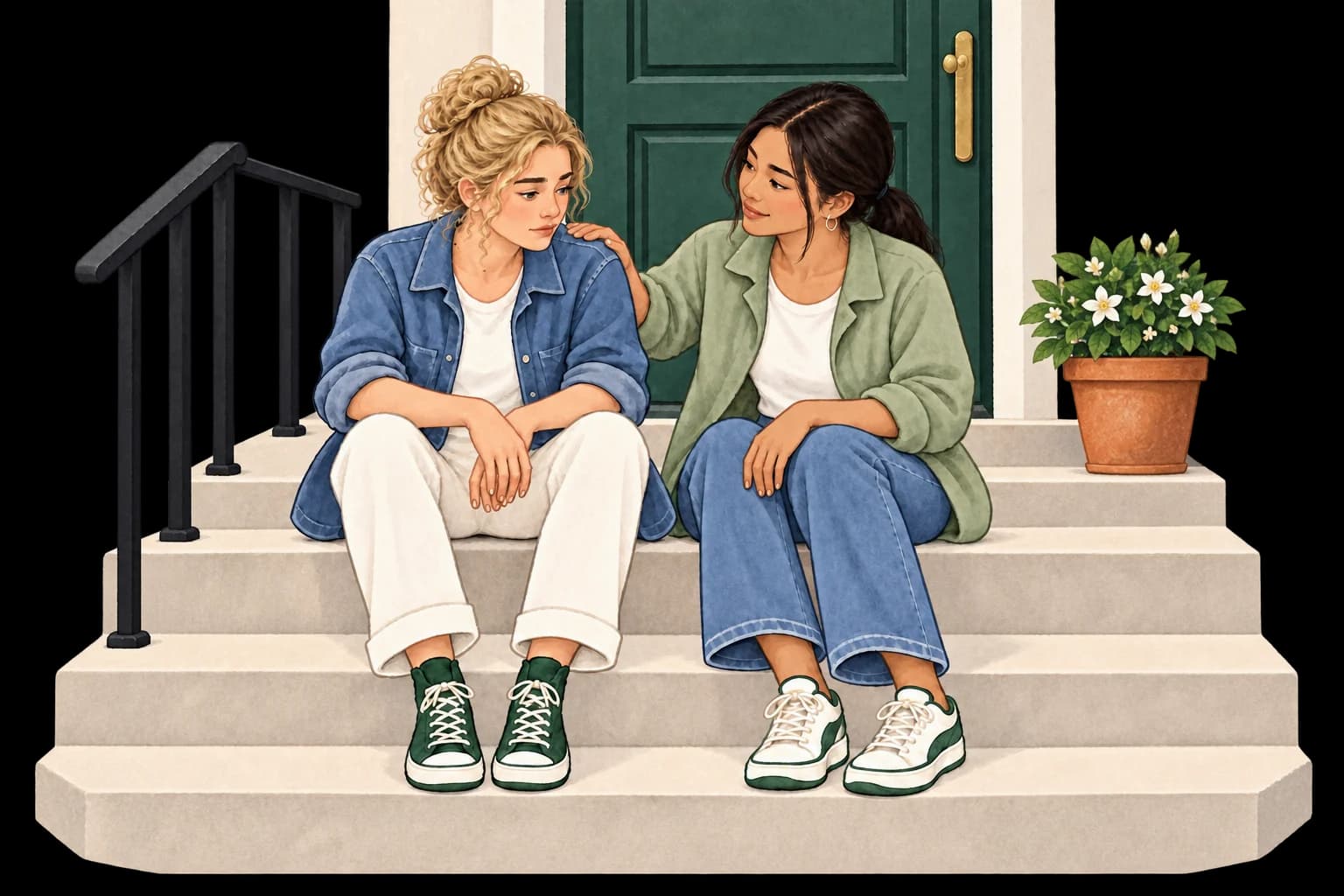 Two friends sitting close on front steps, one with a hand on the other's shoulder.
