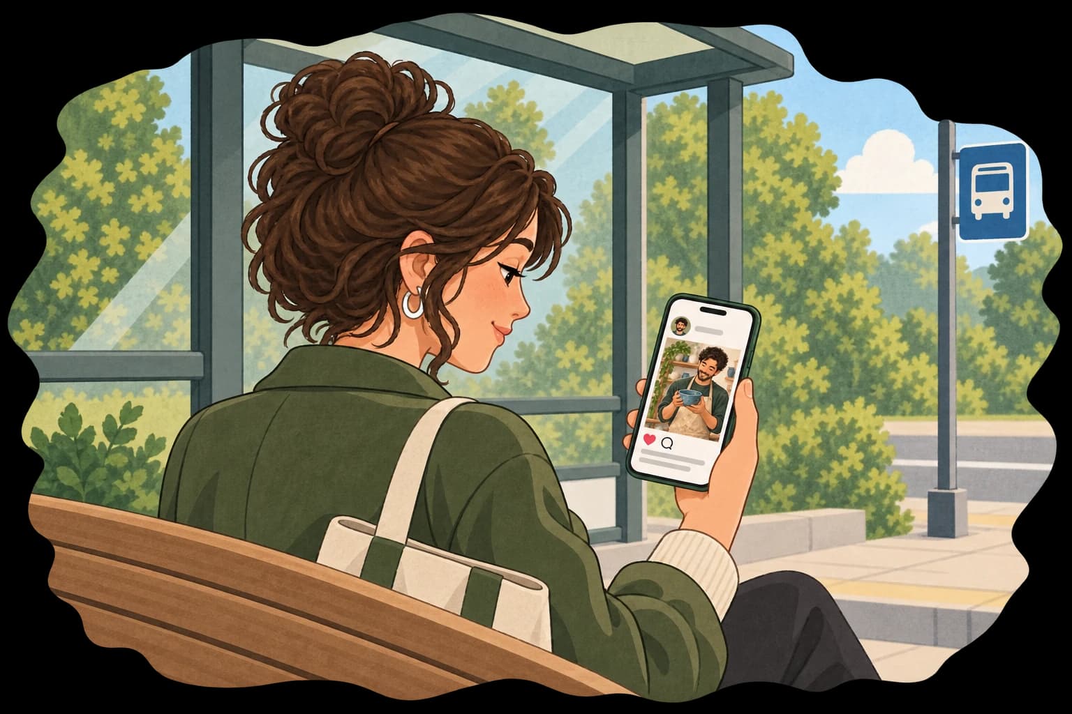 A woman at a bus stop looks at her friend's pottery photo in a social feed on her phone.
