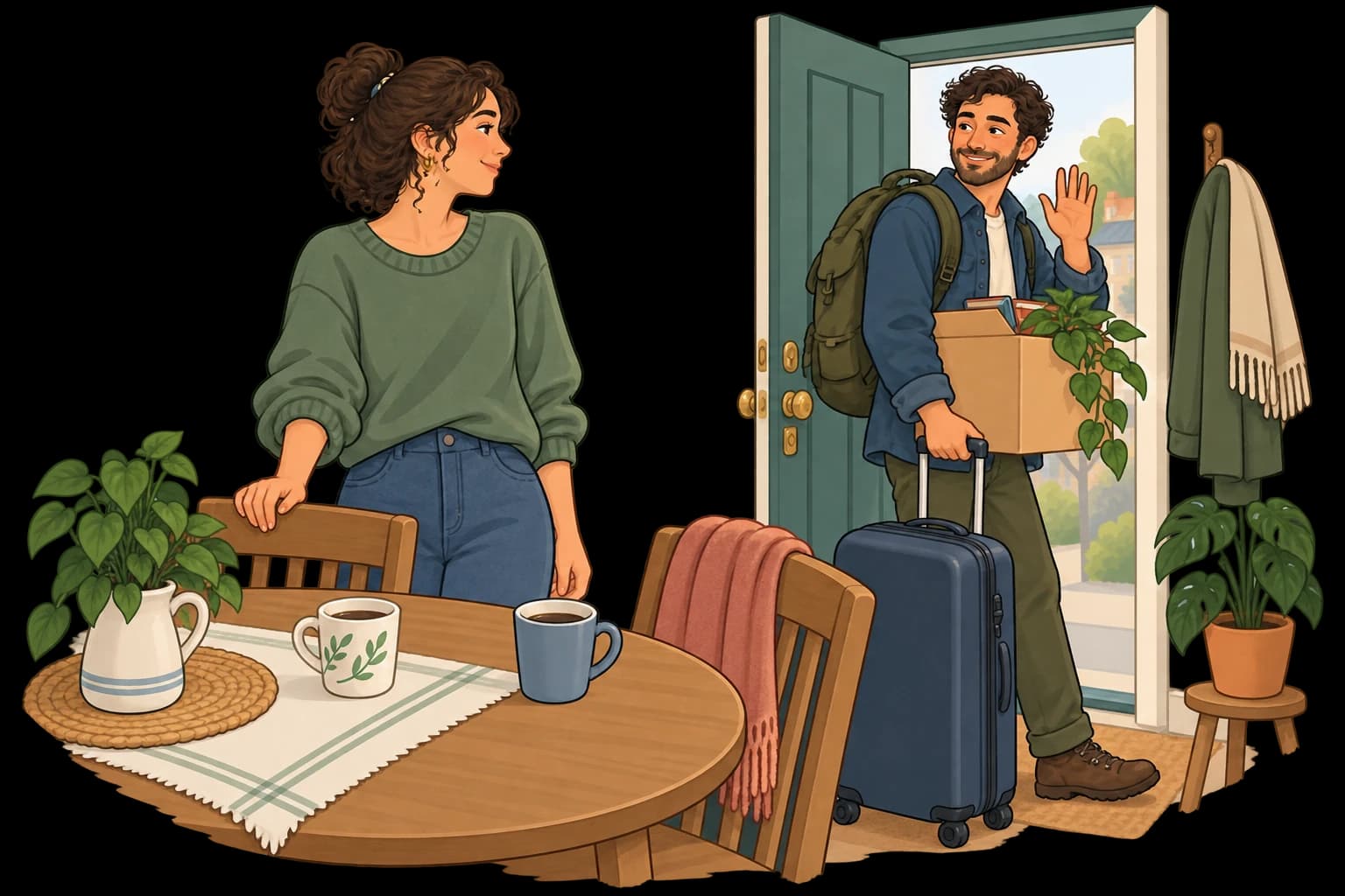 Two friends say goodbye after coffee as one leaves the apartment with a suitcase and moving box.