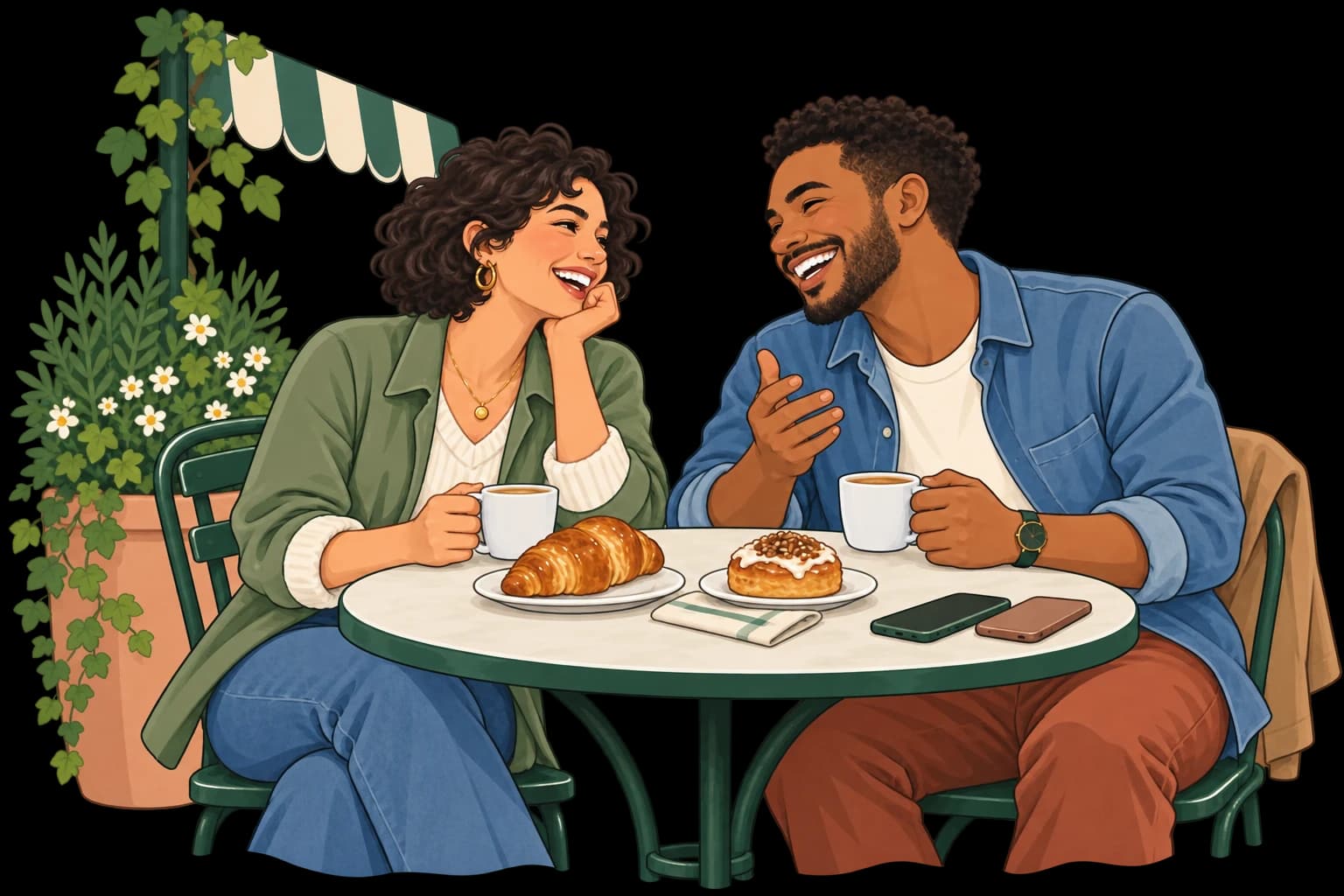 Two friends laugh over coffee and pastries at a bakery table, with their phones set aside.