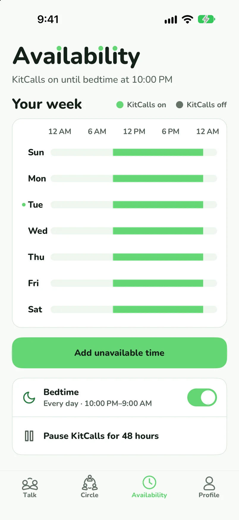 The Availability screen: a weekly schedule of when KitCalls can ring, with bedtime and a 48-hour pause.