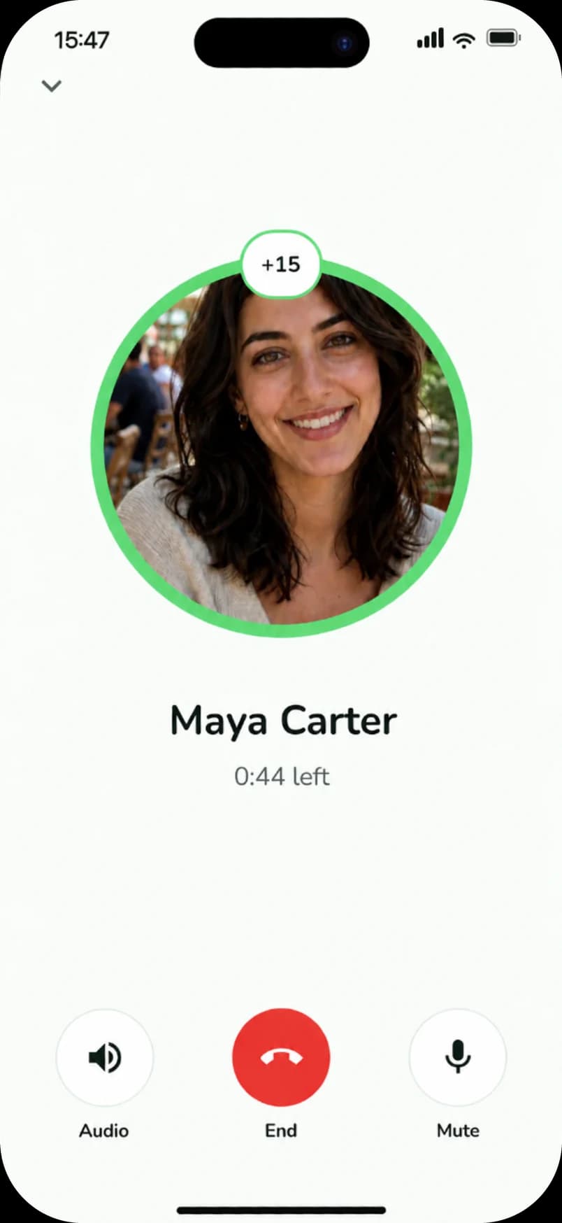 A KitCall with Maya Carter: 44 seconds left, with a +15 button.