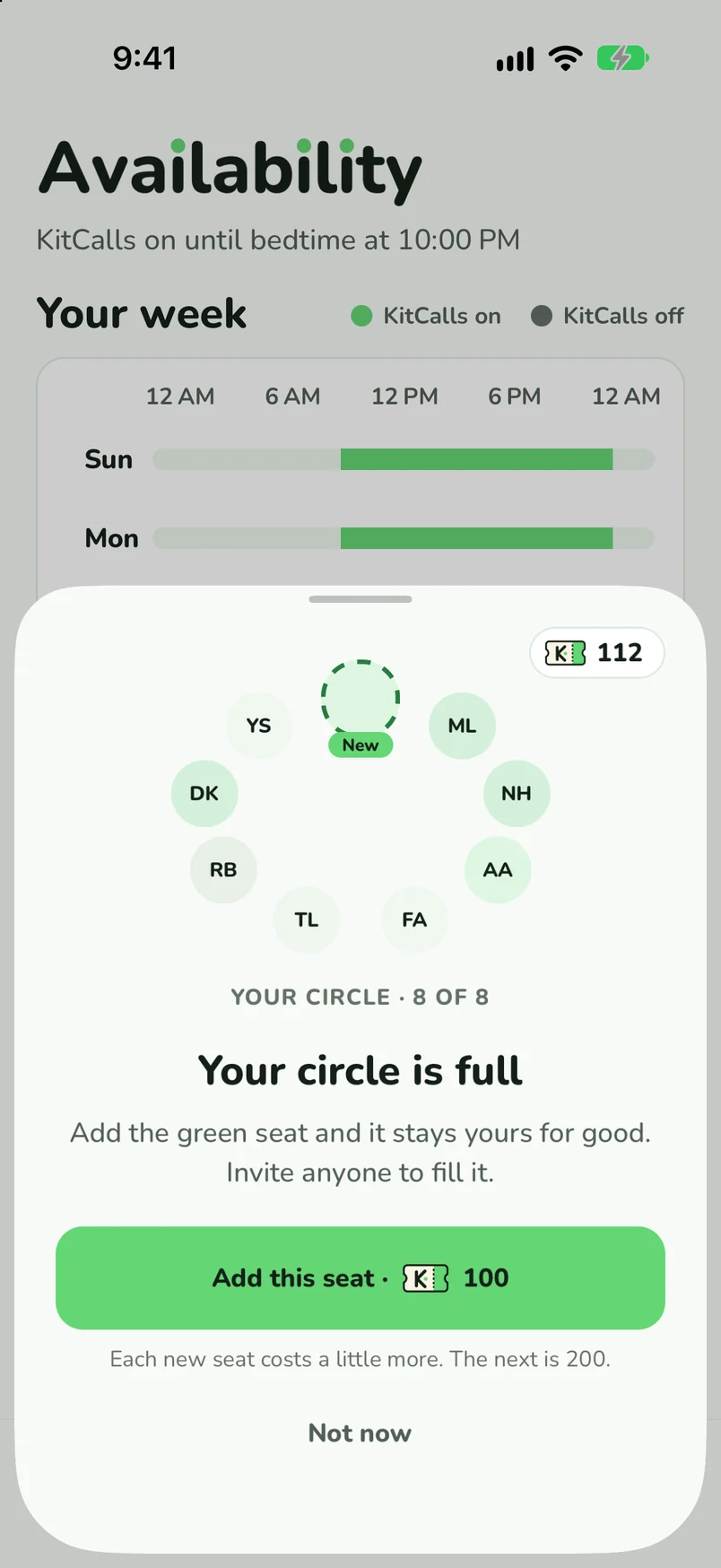 Your circle is full: eight friends in a ring with a new green seat. Add this seat for 100 KitTickets.