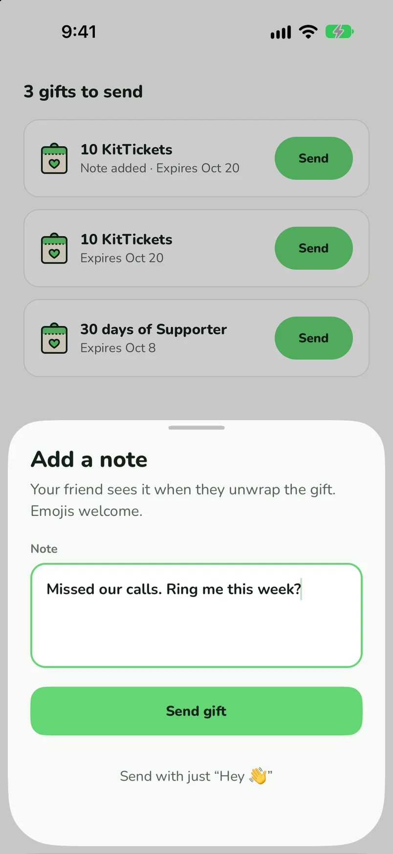 A personal note inside a KitKit gift: Missed our calls. Ring me this week?