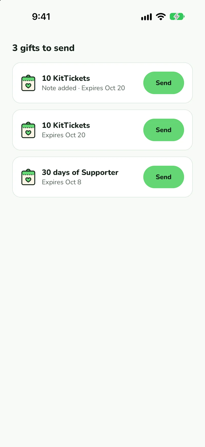 3 gifts to send: 10 KitTickets, 10 KitTickets, and 30 days of Supporter, each with a Send button.