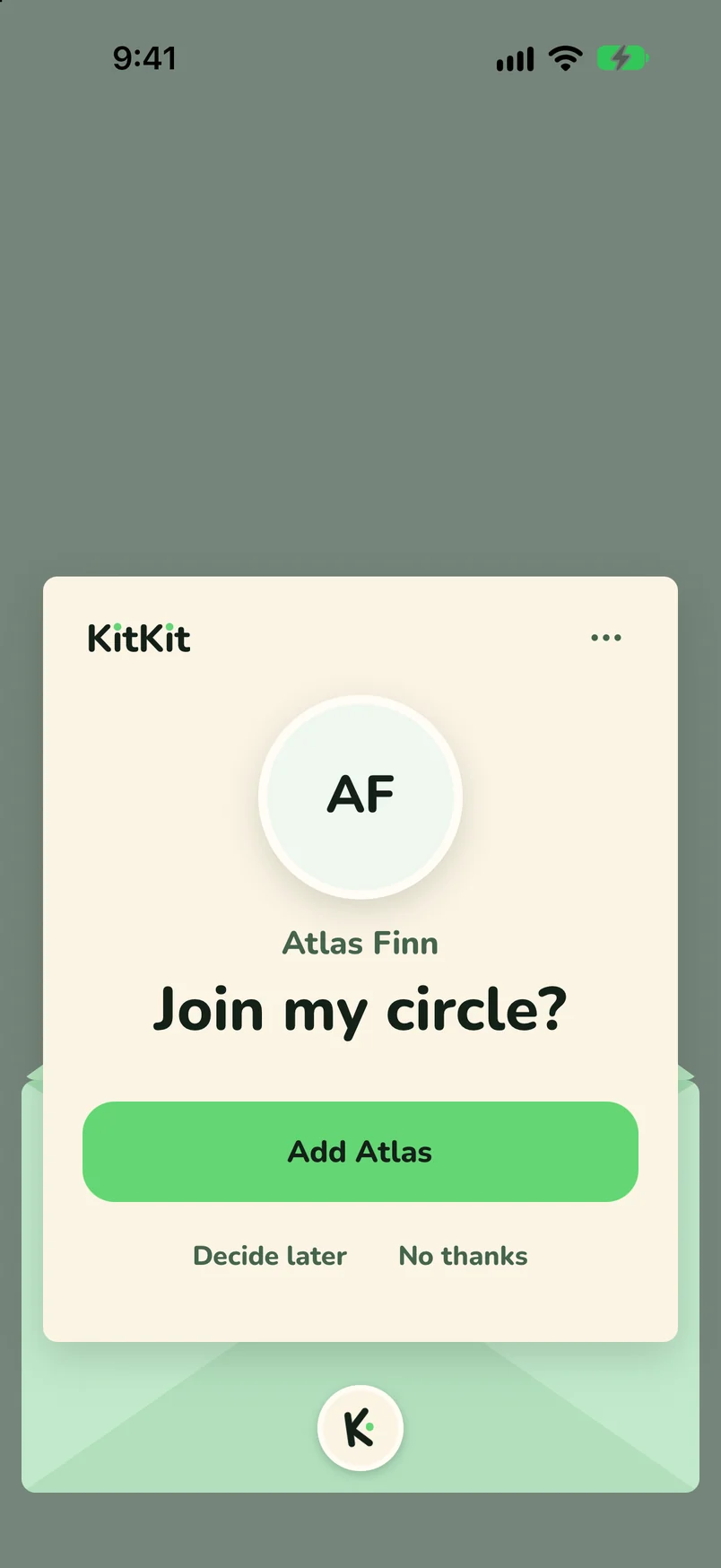 The invitation opened in KitKit: Atlas Finn asks, Join my circle?
