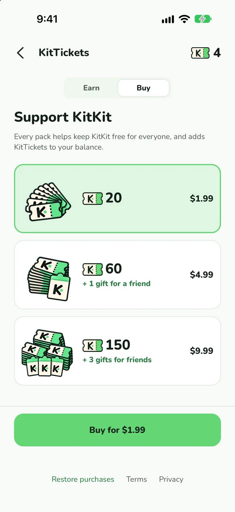The KitTickets Buy tab: 20 for $1.99, 60 with a gift for $4.99, and 150 with three gifts for $9.99.