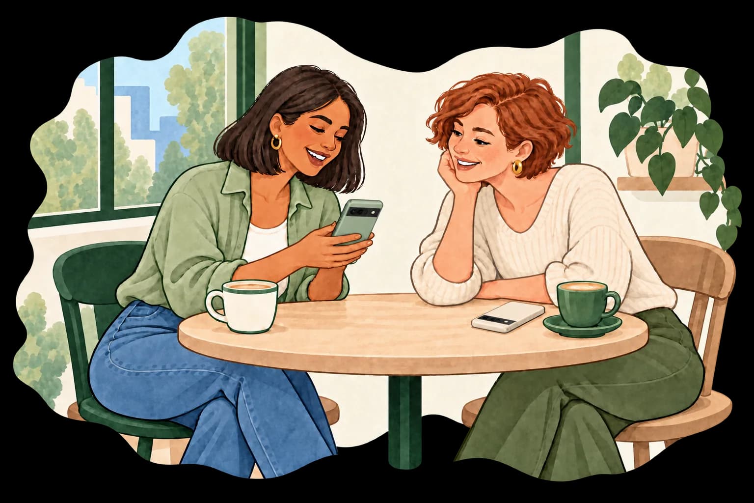 Two friends at a café table, one showing the other something on her phone.