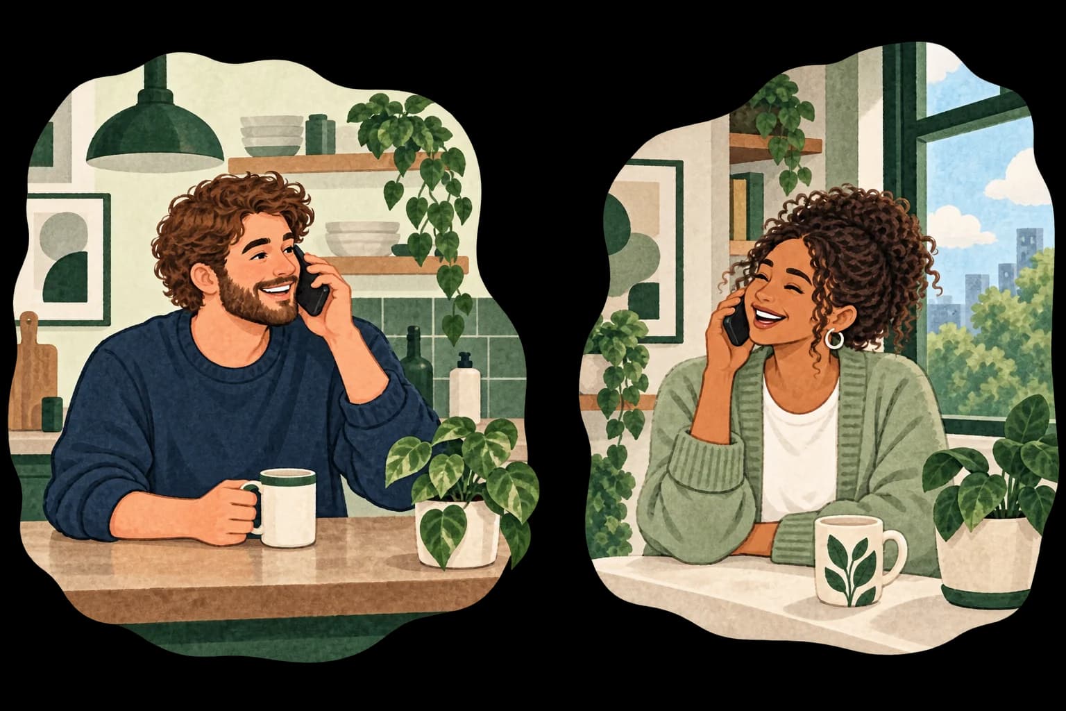 Two friends on a call with each other, each at home with a mug nearby.