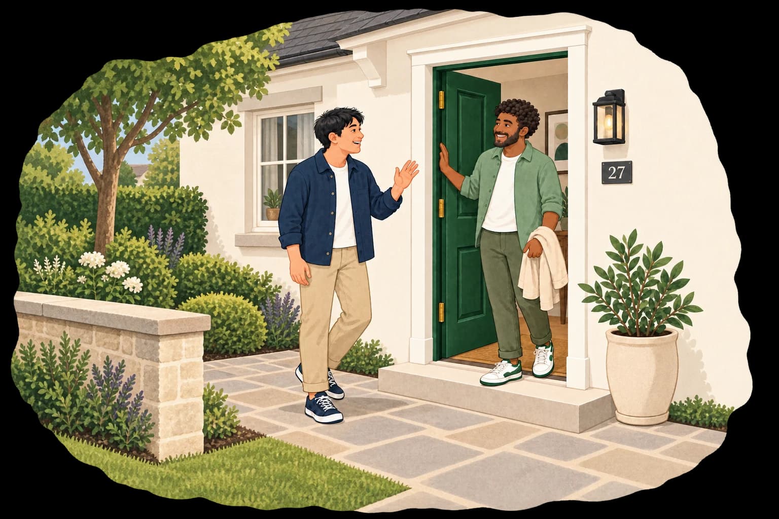 A friend arriving at an open front door, greeted with a wave.