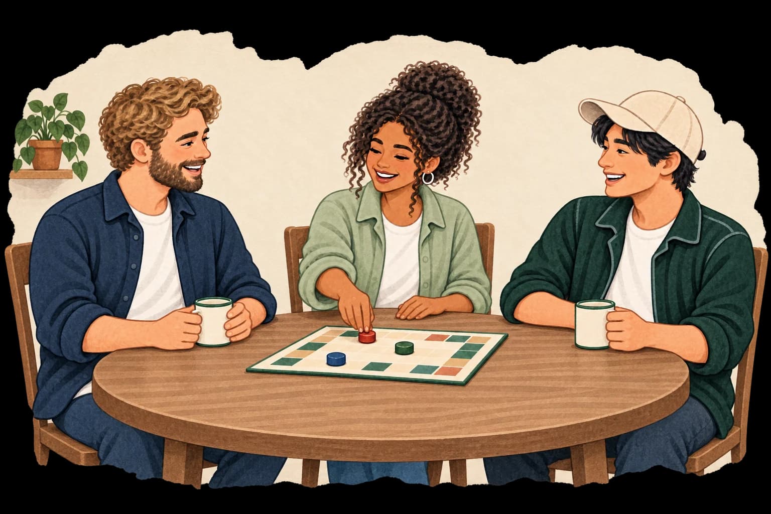 Three friends playing a board game at a round table.