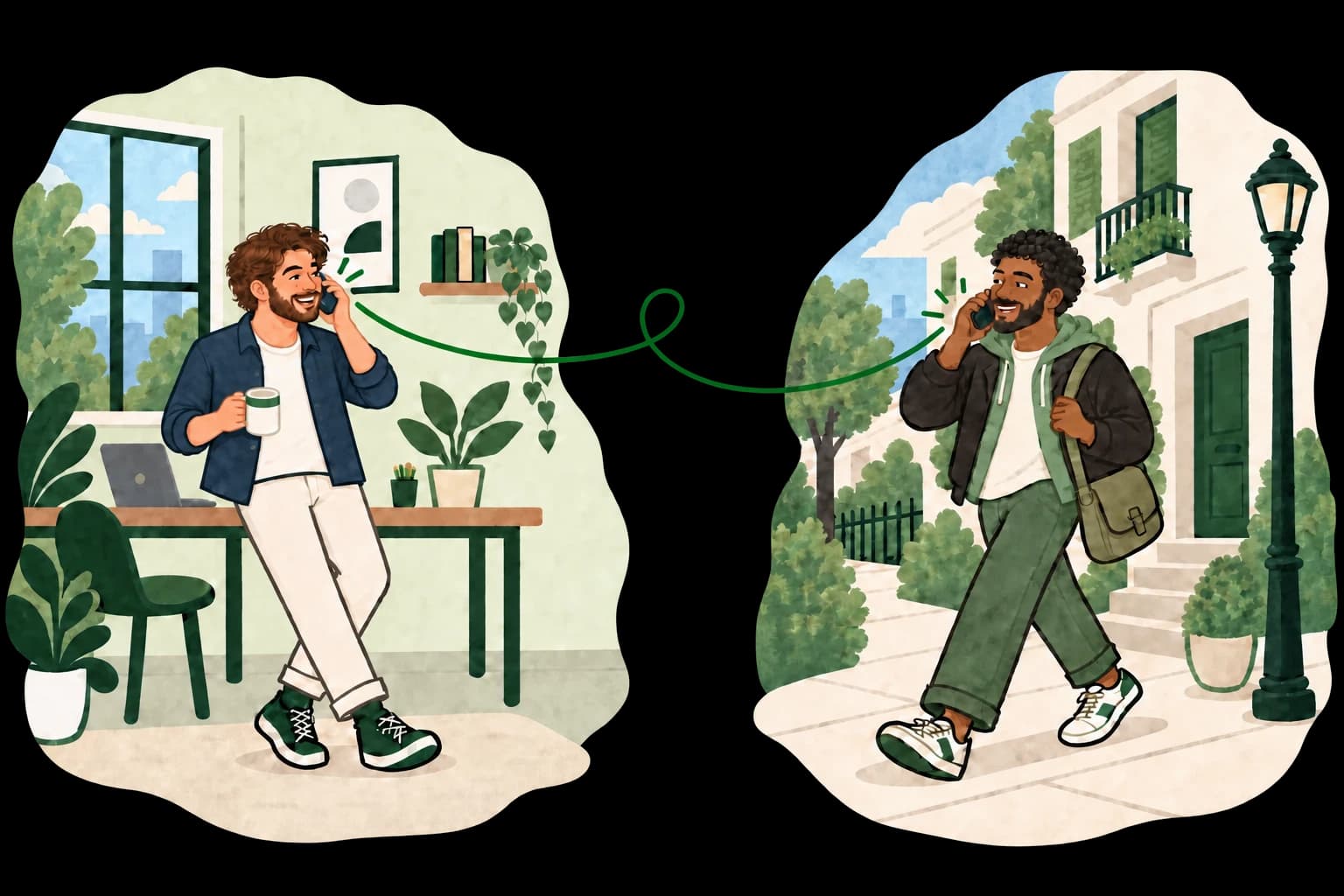Illustration of two friends on the phone, one at home and one walking outside, joined by a green phone cord.
