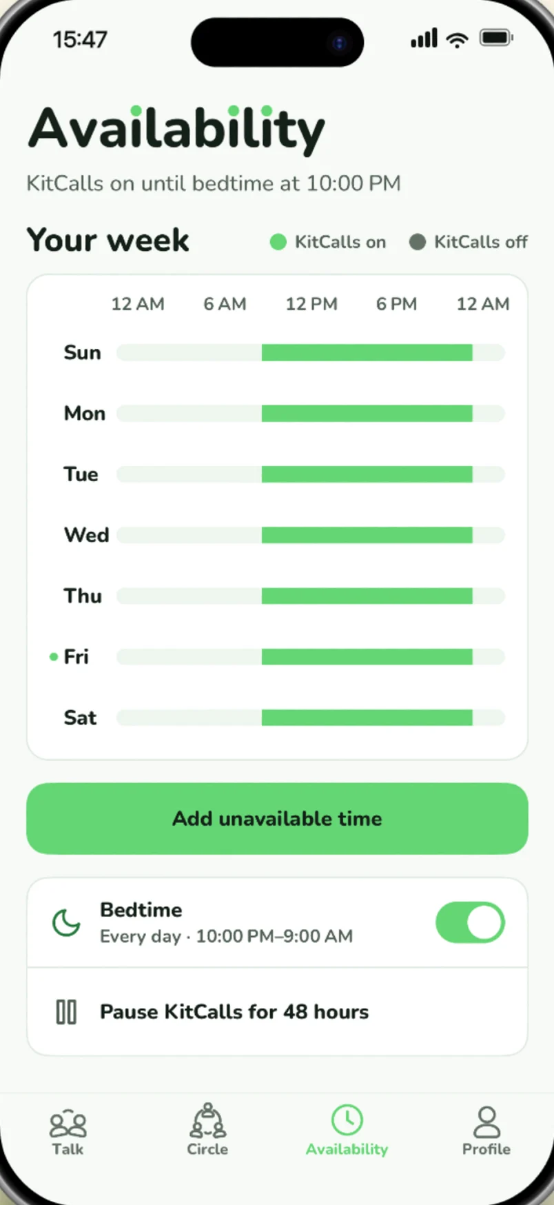 The Availability screen, with a weekly schedule of when KitCalls can ring.