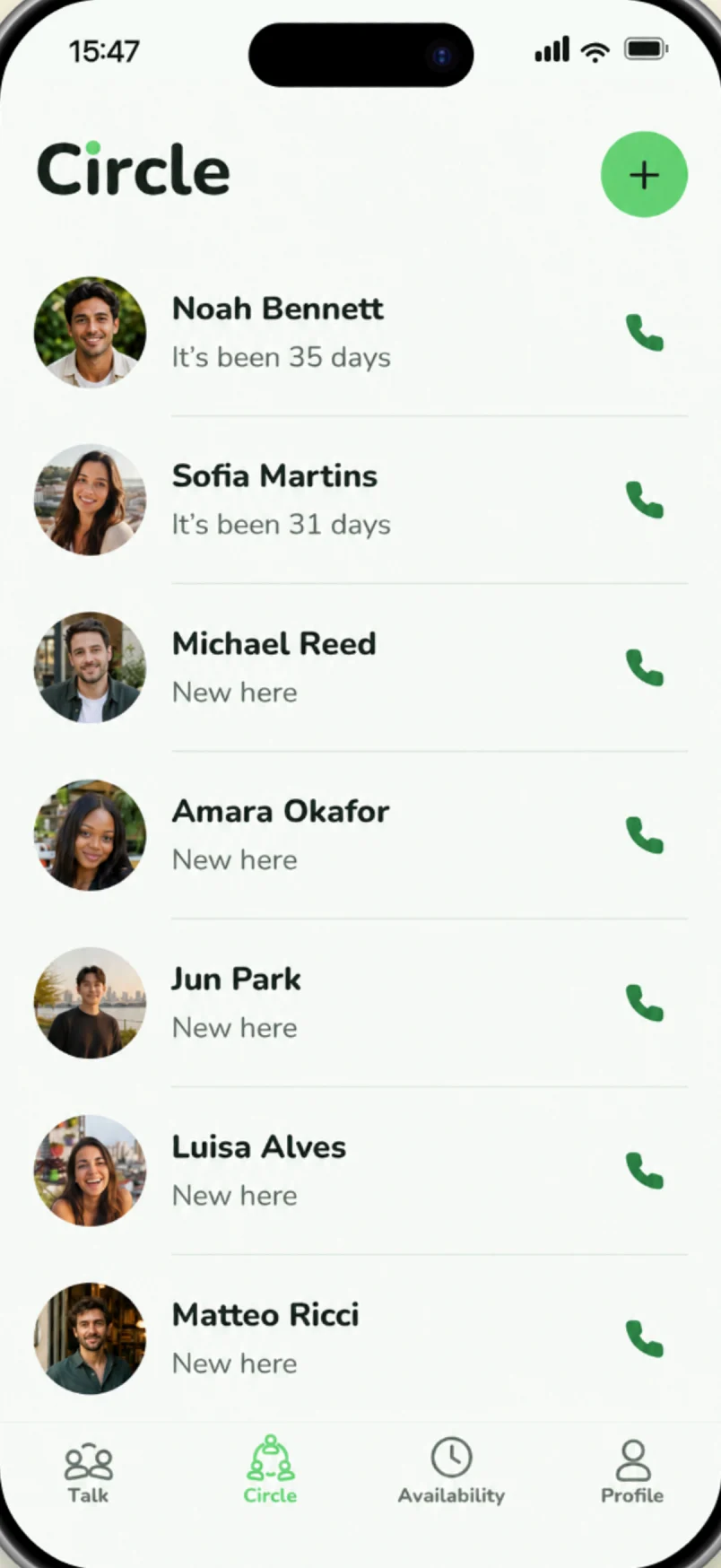 The Circle screen, listing friends and how long since you last talked.