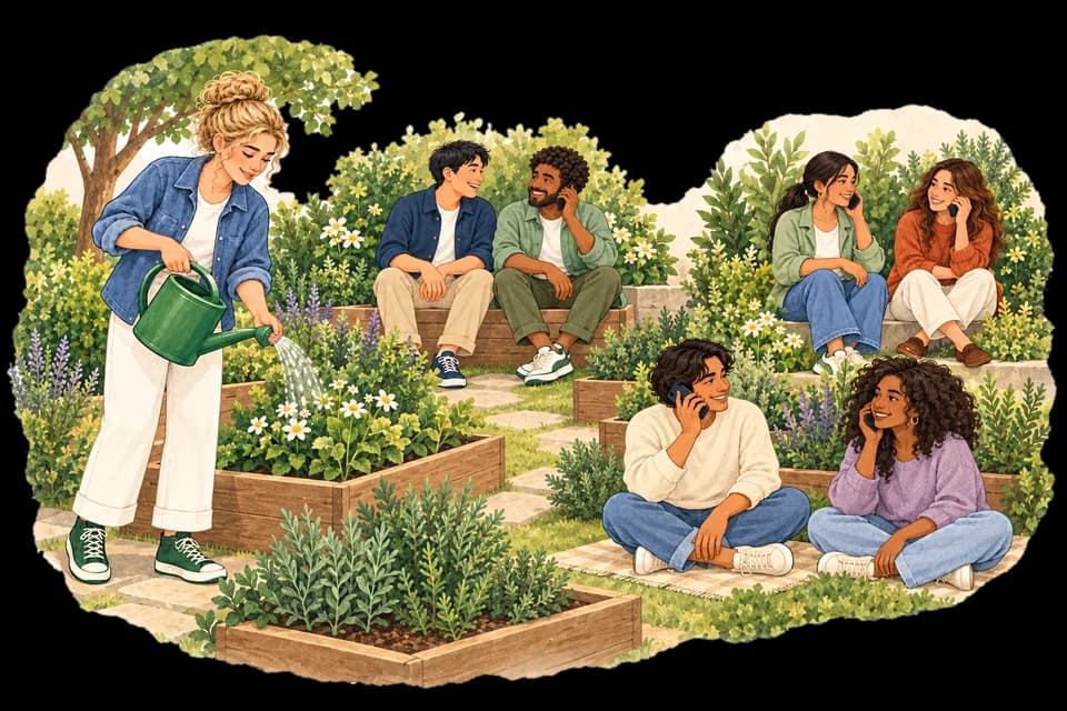 A person watering a community garden where pairs of friends sit talking on their phones.