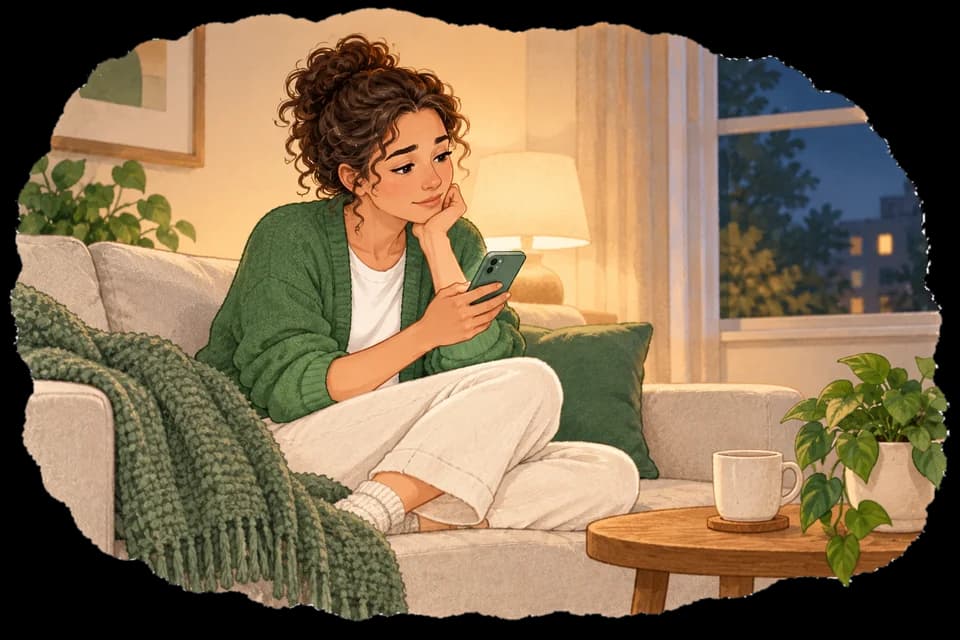 A woman on her sofa in the evening, looking at her phone without calling.