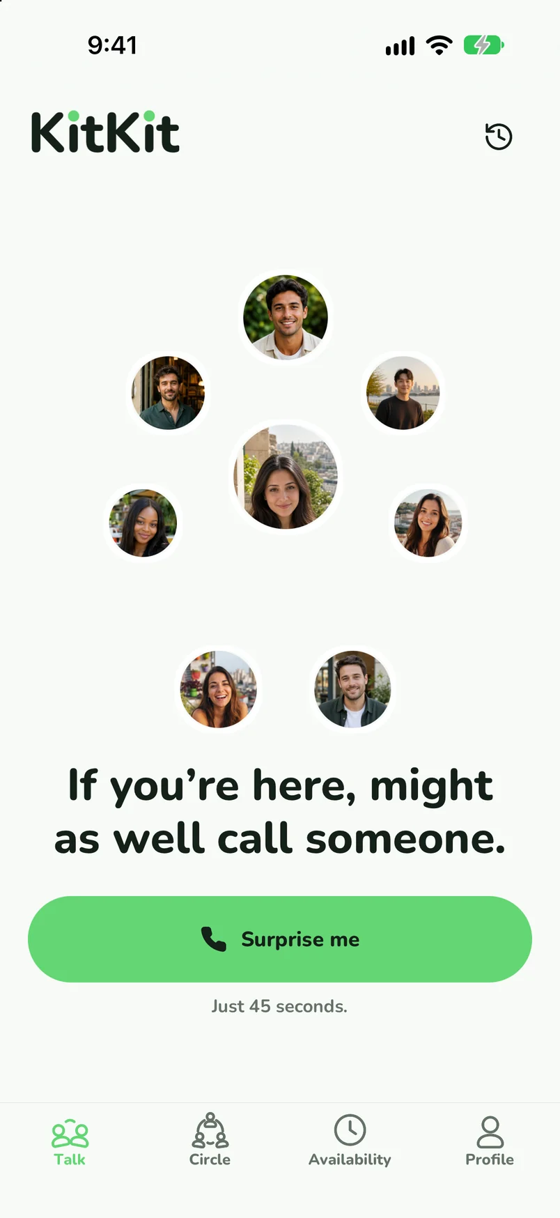 The Talk screen: friends' faces above If you're here, might as well call someone, with a Surprise me button.